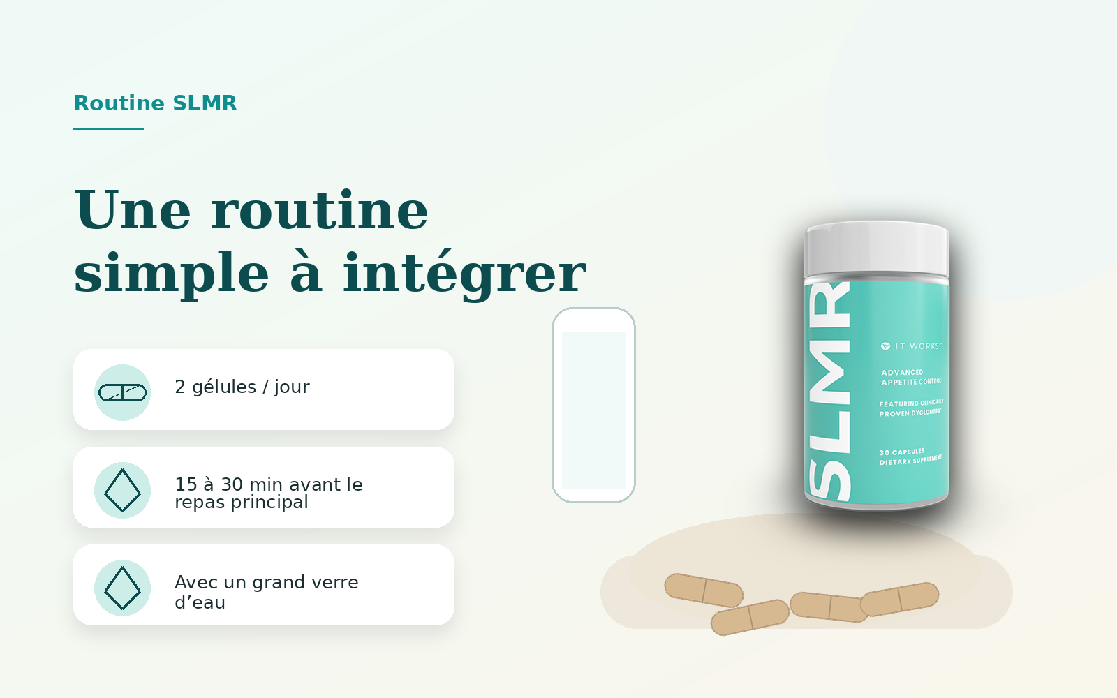 Routine SLMR avec 2 gélules par jour avant le repas principal et un grand verre d’eau